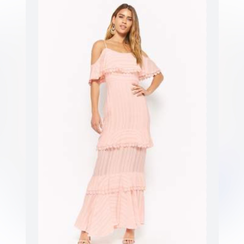 Dark Pink Off The Shoulder Tired Lace Maxi Dress Size 8